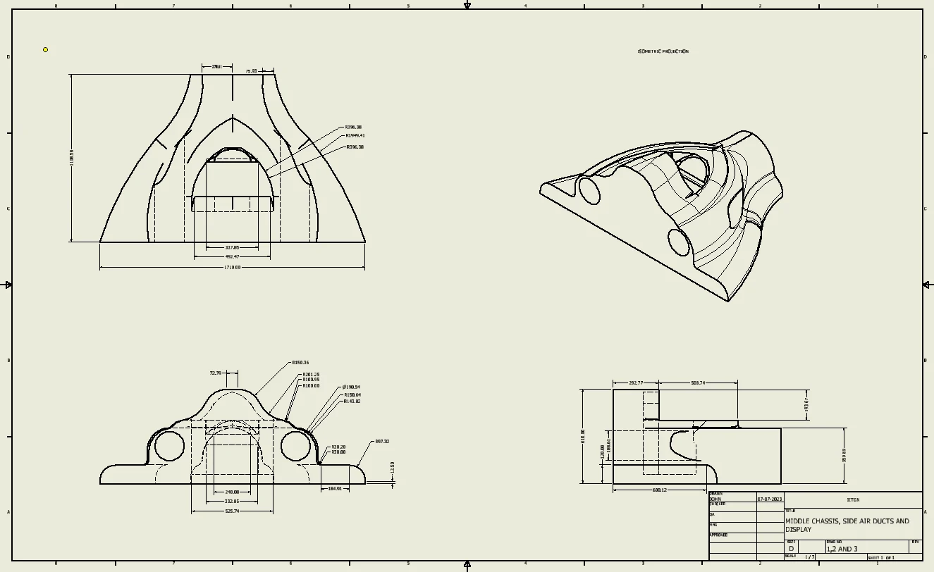 Technical drawing sheet titled Middle Chassis, Side Air Ducts and Display, showing front elevation, side section and isometric projection with radius and linear dimensions.