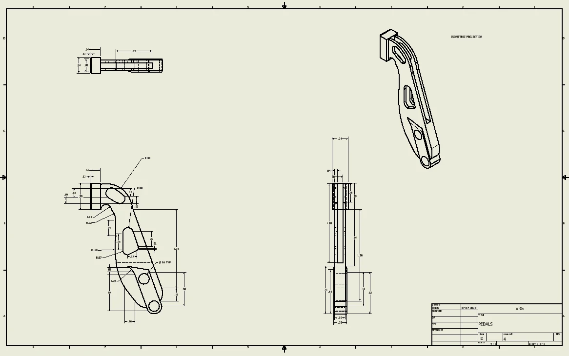 Technical drawing sheet titled Pedals, showing top view, front profile and side section of a control pedal at four times scale, alongside an isometric projection.
