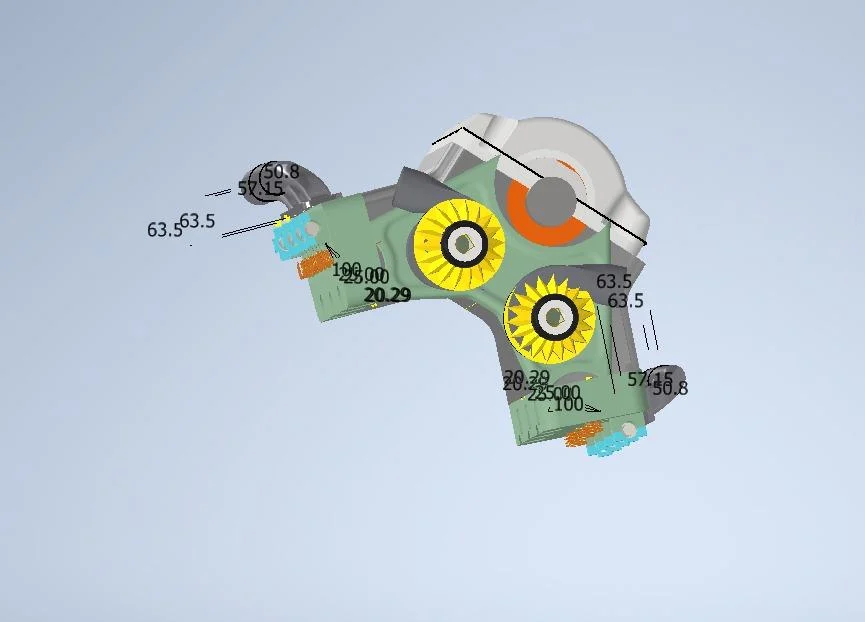 Rendered assembly of the modelled engine block with cylinder heads, exhaust manifolds and yellow intake trumpets, annotated with dimensions.