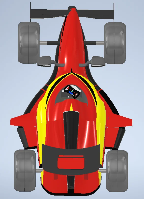 Top-down render of the completed Formula One car model, showing the symmetry of the nose, side pods, wings and wheel placement.