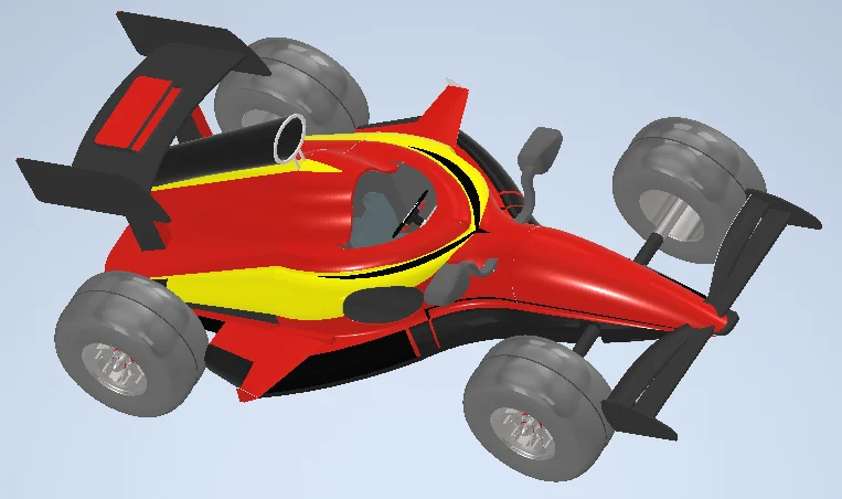 Rendered three-quarter view of the completed Formula One car model in red, yellow and black, with front and rear wings, exposed suspension and an open cockpit.