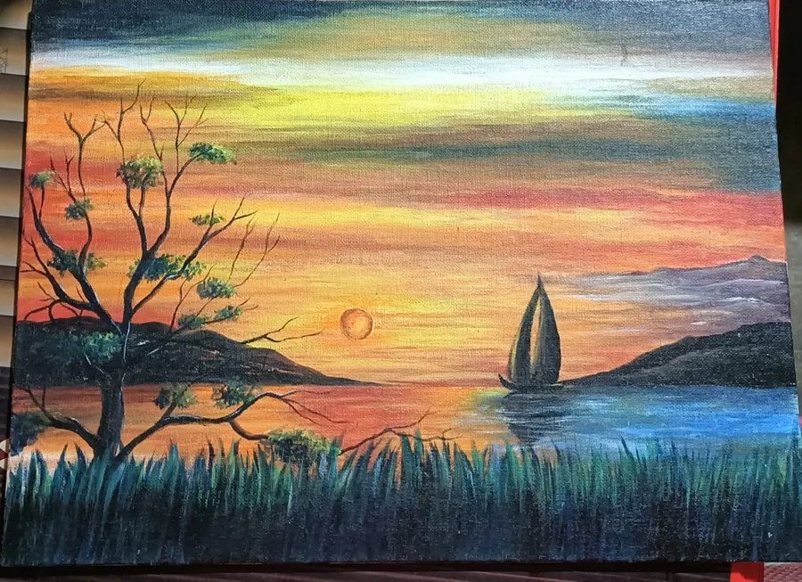 Acrylic on canvas: a bare tree at the left edge against banded orange sunset sky, a small sailboat on the water and dark reeds across the foreground.