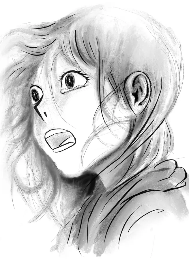 Greyscale digital portrait study of a wide-eyed figure with windblown hair and a scarf.